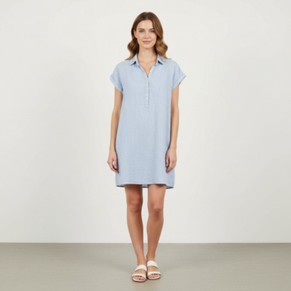 Faherty Blouse Women s Size S Light Blue Button-Up Short Sleeve 100 Linen